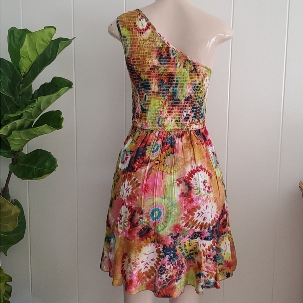True Destinations One Shoulder Smocked Tropical Tassel Dress Boho Resort, Size M - Picture 8 of 13